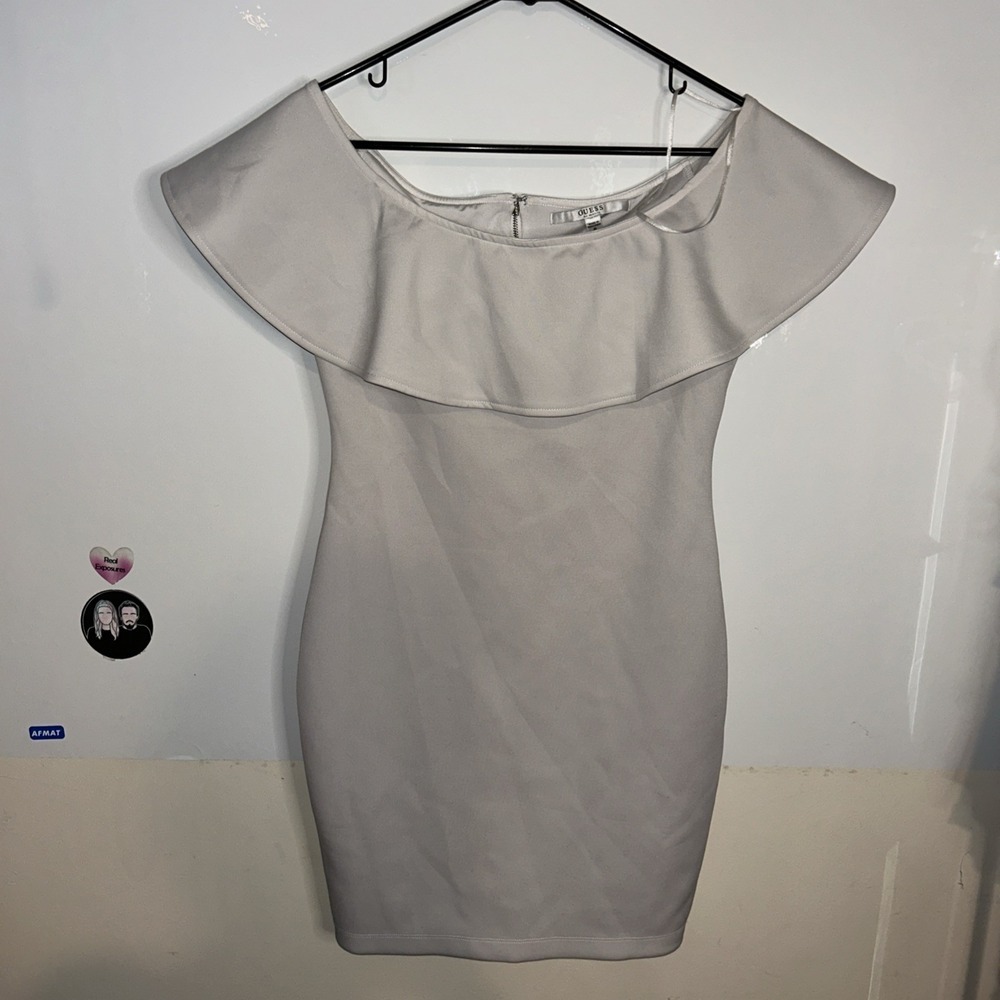 GUESS Los Angeles White Flounce Off- Shoulder Collar Full Zipper Bodycon Dress M
